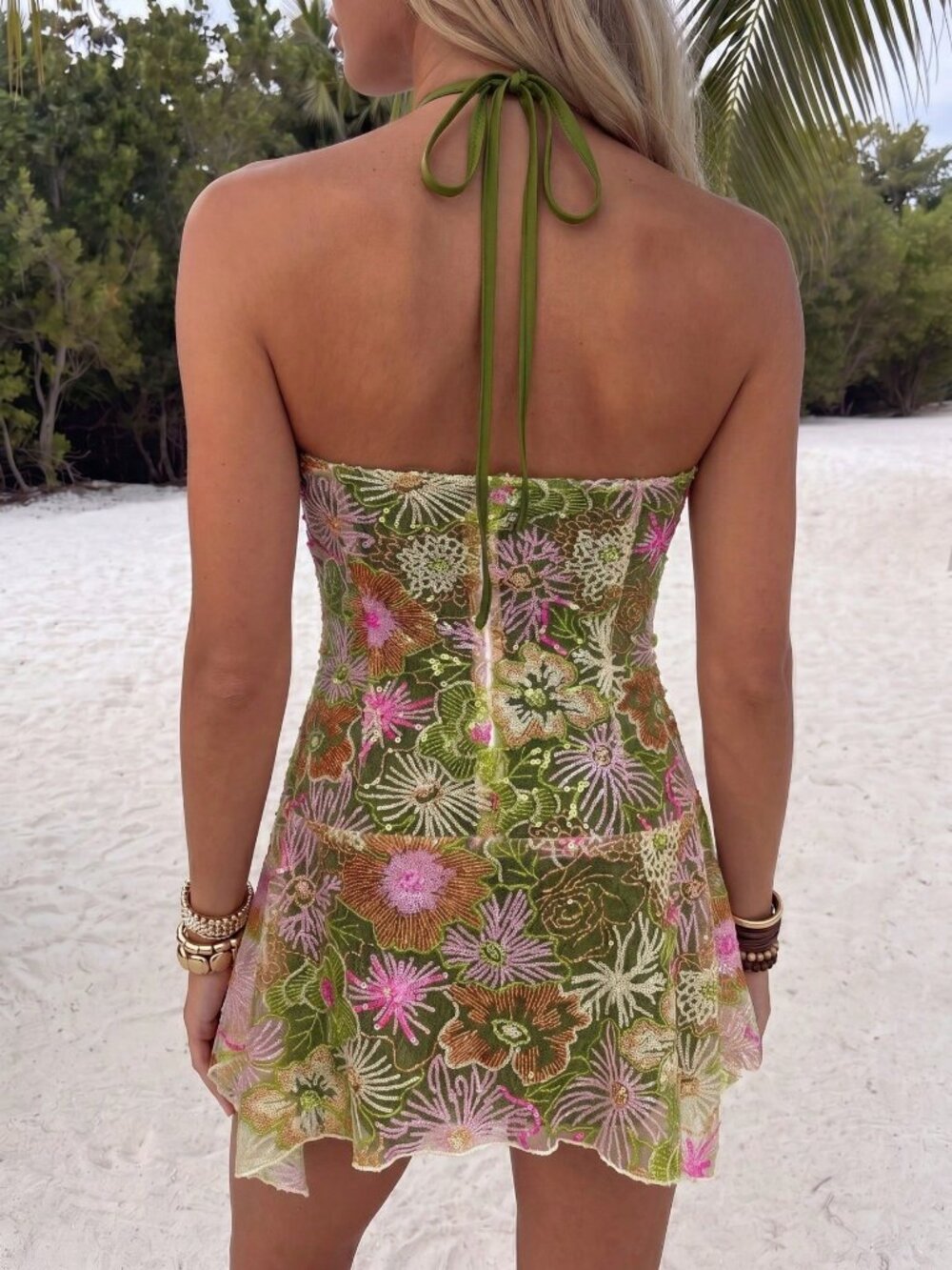 Green Casual Women's Halter Neck Asymmetrical Hem Sequin Mini Sundress - Picture 2 of 8